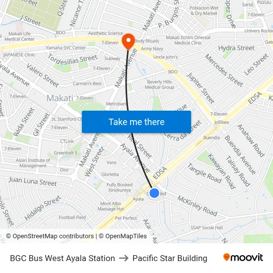BGC Bus West Ayala Station to Pacific Star Building map