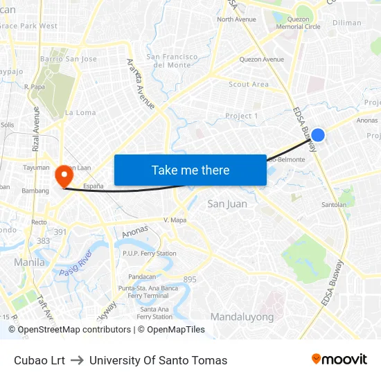 Cubao Lrt to University Of Santo Tomas map