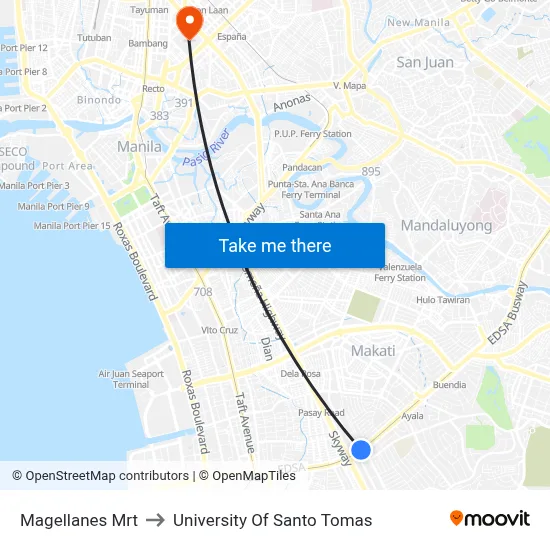 Magellanes Mrt to University Of Santo Tomas map