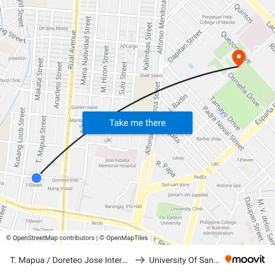 T. Mapua / Doreteo Jose Intersection, Manila to University Of Santo Tomas map