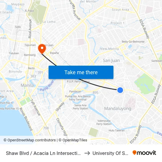 Shaw Blvd / Acacia Ln Intersection, Mandaluyong City to University Of Santo Tomas map
