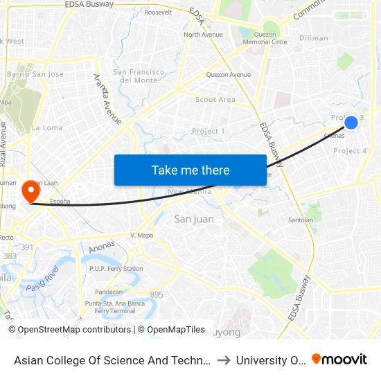 Asian College Of Science And Technology, Aurora Blvd, Quezon City, Manila to University Of Santo Tomas map