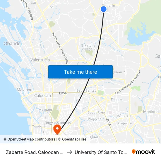 Zabarte Road, Caloocan City to University Of Santo Tomas map