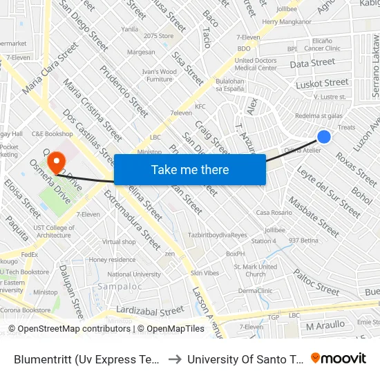 Blumentritt (Uv Express Terminal) to University Of Santo Tomas map
