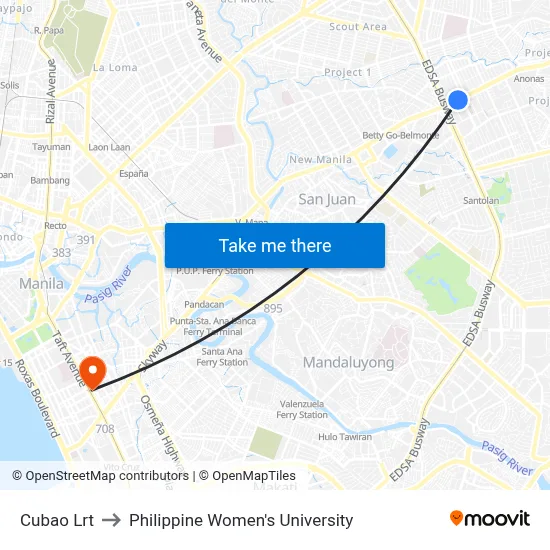 Cubao Lrt to Philippine Women's University map