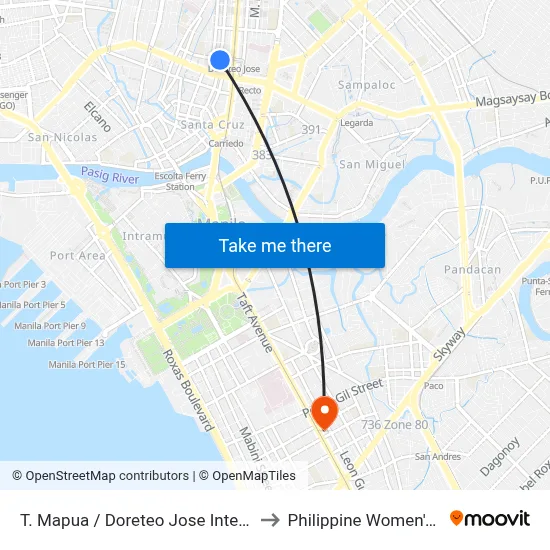 T. Mapua / Doreteo Jose Intersection, Manila to Philippine Women's University map