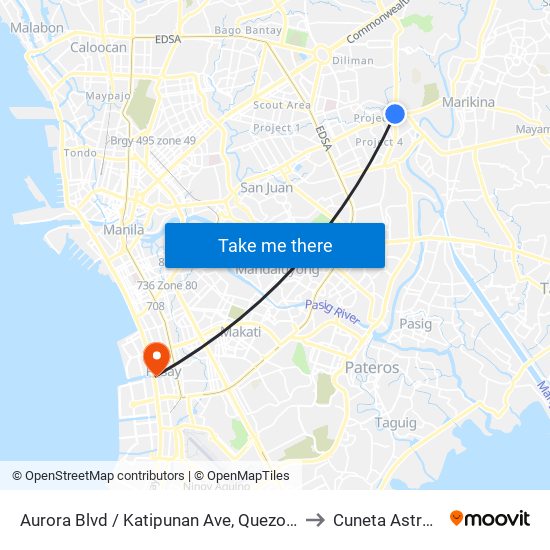 Aurora Blvd / Katipunan Ave, Quezon City, Manila to Cuneta Astrodome map
