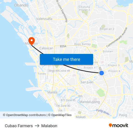 Cubao Farmers to Malabon map