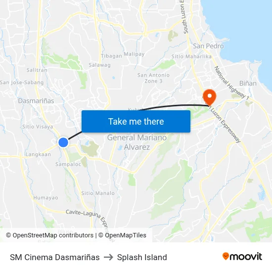 SM Cinema Dasmariñas to Splash Island map