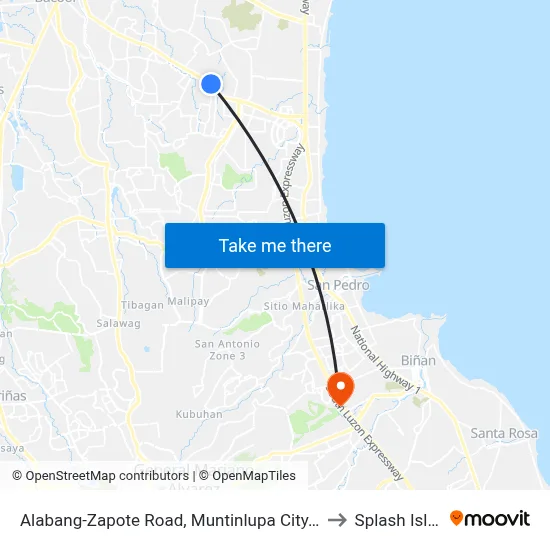 Alabang-Zapote Road, Muntinlupa City, Manila to Splash Island map