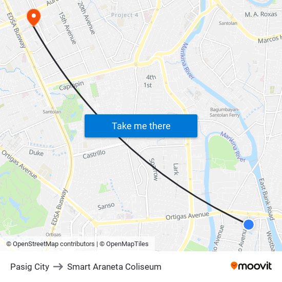 Pasig City to Smart Araneta Coliseum map