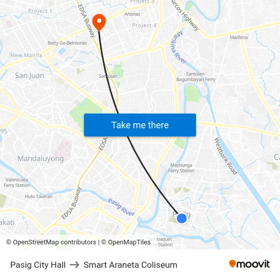 Pasig City Hall to Smart Araneta Coliseum map