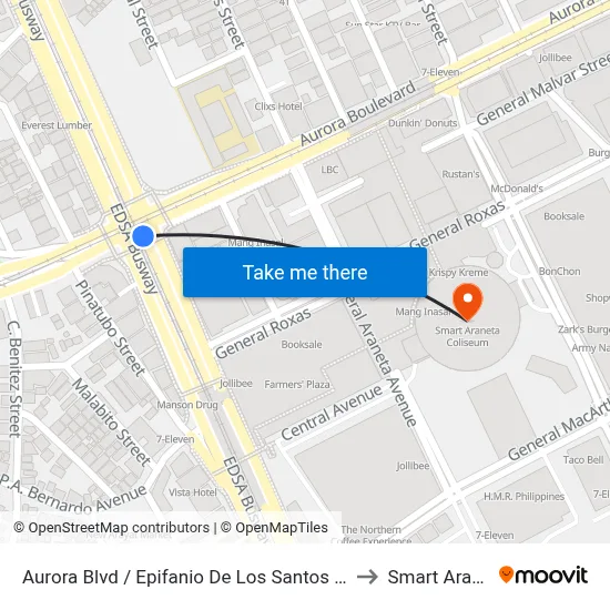 Aurora Blvd / Epifanio De Los Santos Avenue Intersection, Quezon City, Manila to Smart Araneta Coliseum map