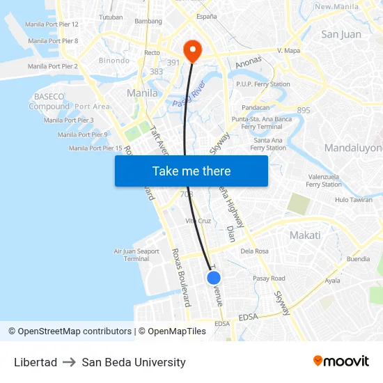 Libertad to San Beda University map