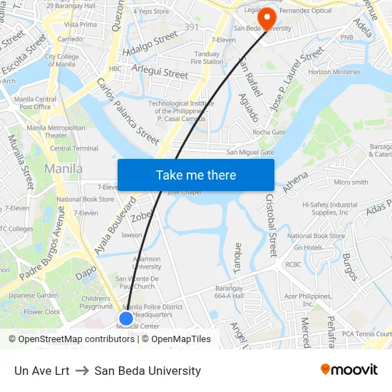 Un Ave Lrt to San Beda University map