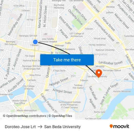 Doroteo Jose Lrt to San Beda University map