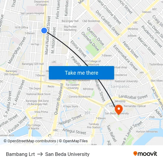 Bambang Lrt to San Beda University map