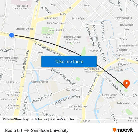 Recto Lrt to San Beda University map