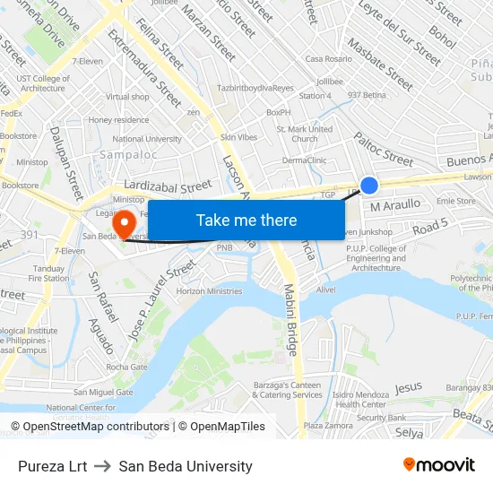Pureza Lrt to San Beda University map