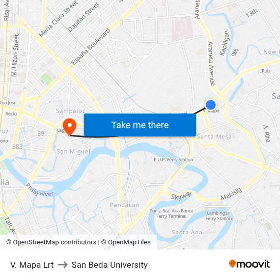 V. Mapa Lrt to San Beda University map