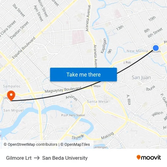 Gilmore Lrt to San Beda University map
