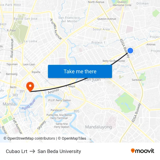 Cubao Lrt to San Beda University map