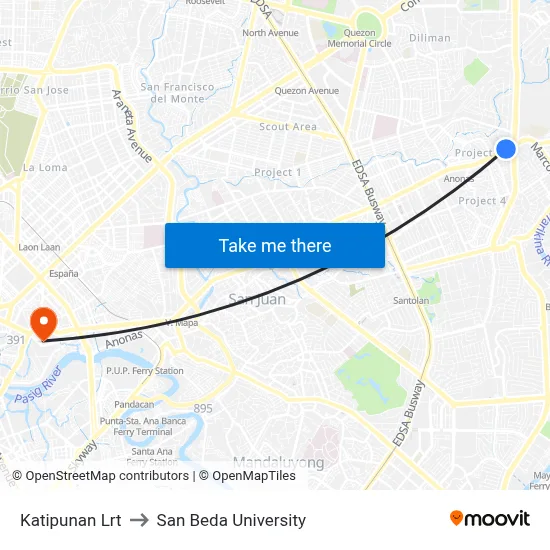 Katipunan Lrt to San Beda University map