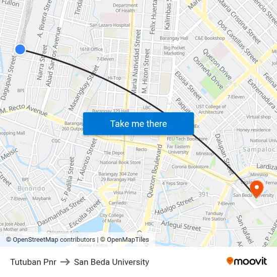 Tutuban Pnr to San Beda University map