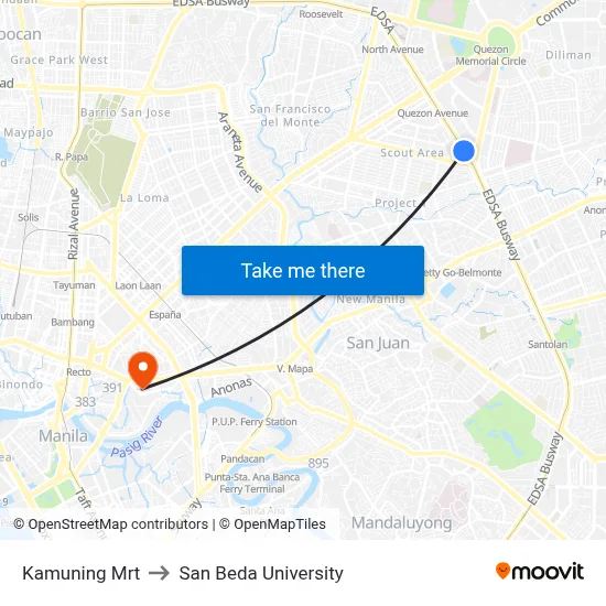 Kamuning Mrt to San Beda University map