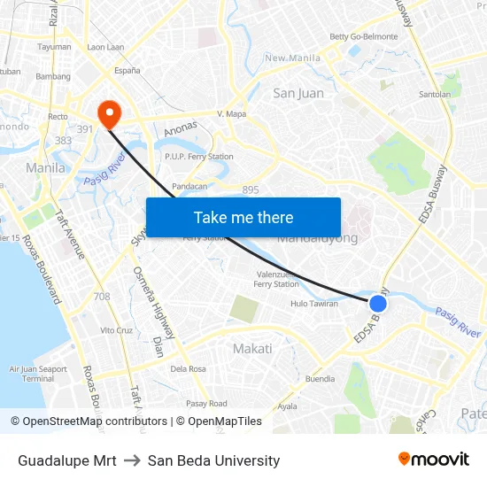 Guadalupe Mrt to San Beda University map