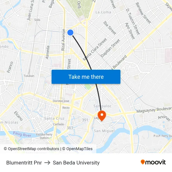 Blumentritt Pnr to San Beda University map