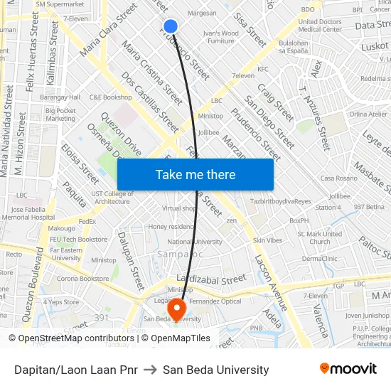 Dapitan/Laon Laan Pnr to San Beda University map