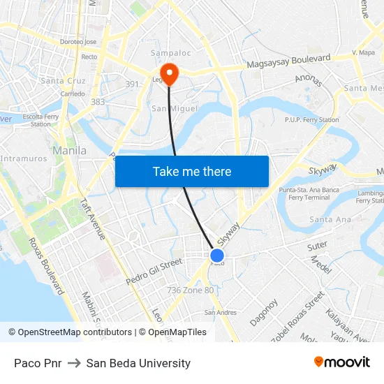 Paco Pnr to San Beda University map