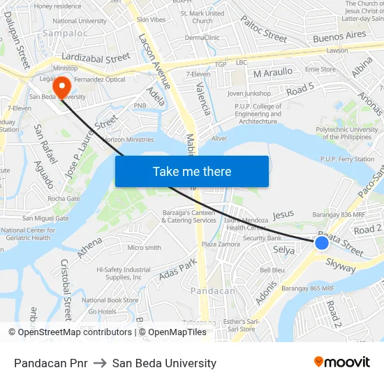 Pandacan Pnr to San Beda University map
