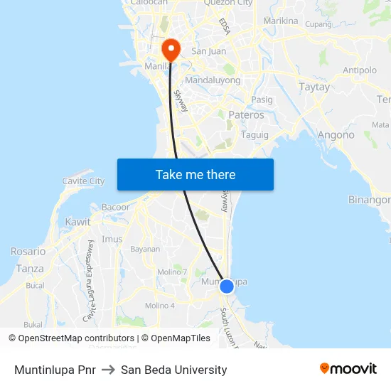 Muntinlupa Pnr to San Beda University map