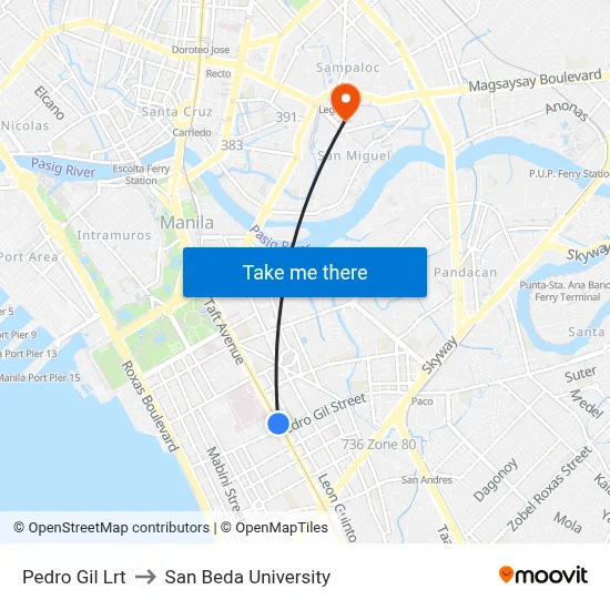 Pedro Gil Lrt to San Beda University map