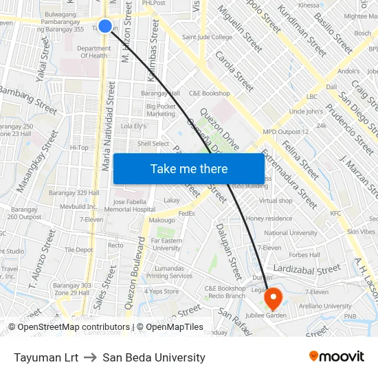 Tayuman Lrt to San Beda University map