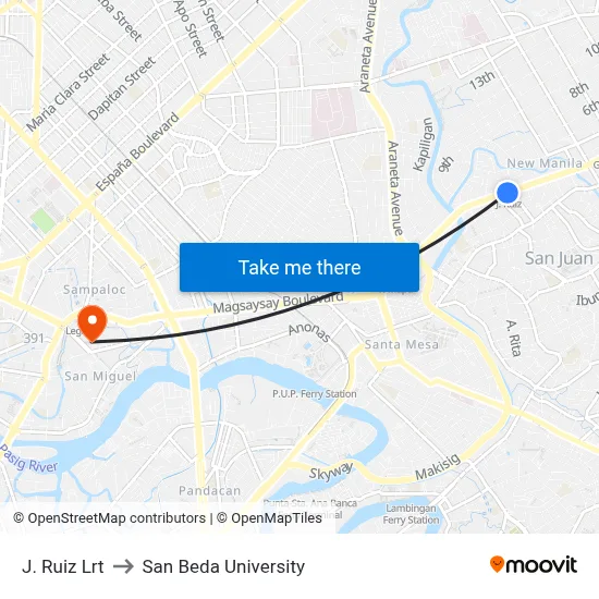 J. Ruiz Lrt to San Beda University map