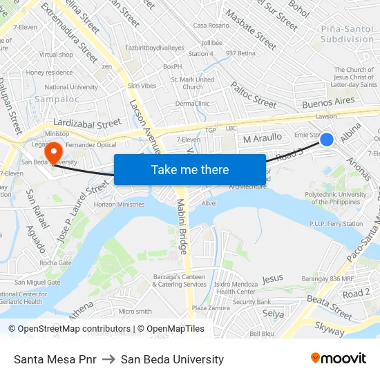Santa Mesa Pnr to San Beda University map