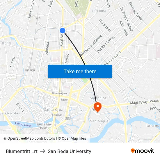 Blumentritt Lrt to San Beda University map