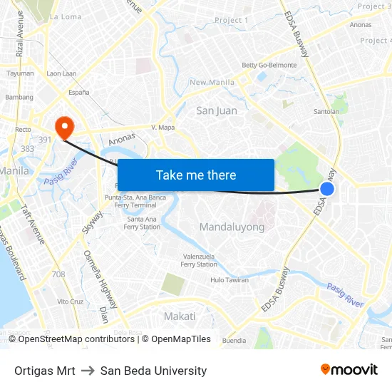 Ortigas Mrt to San Beda University map