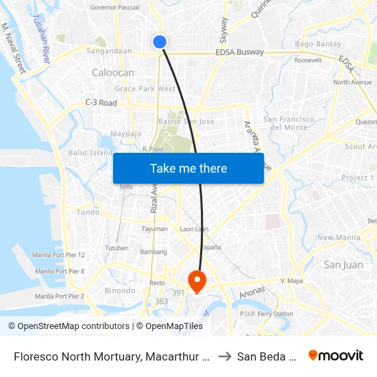 Floresco North Mortuary, Macarthur Highway, Caloocan City to San Beda University map