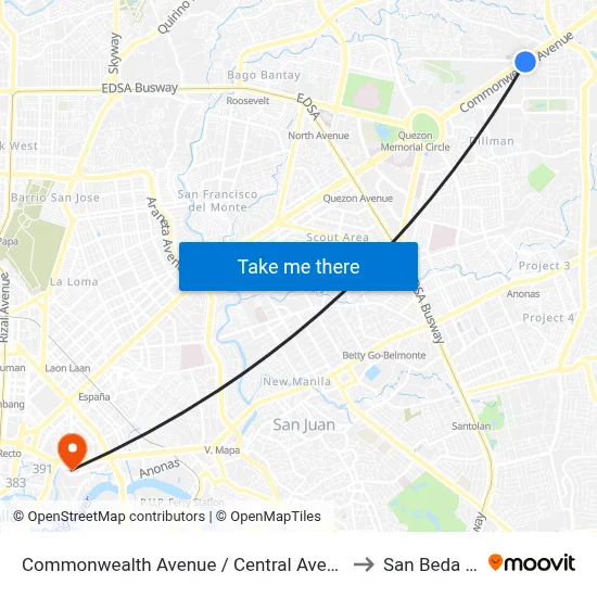 Commonwealth Avenue / Central Avenue Intersection, Quezon City to San Beda University map