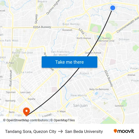 Tandang Sora, Quezon City to San Beda University map