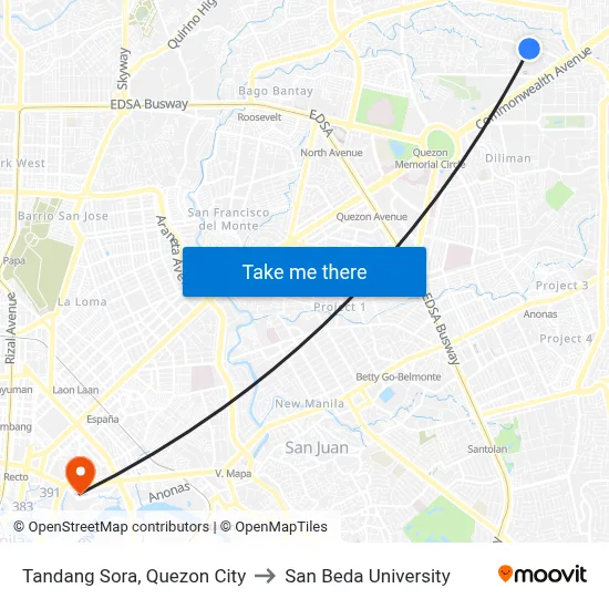Tandang Sora, Quezon City to San Beda University map