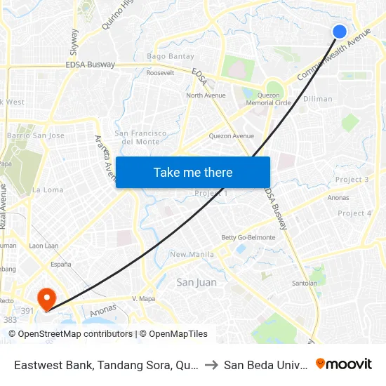 Eastwest Bank, Tandang Sora, Quezon City to San Beda University map