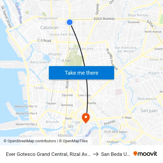 Ever Gotesco Grand Central, Rizal Avenue, Caloocan City to San Beda University map