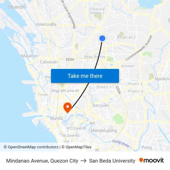 Mindanao Avenue, Quezon City to San Beda University map
