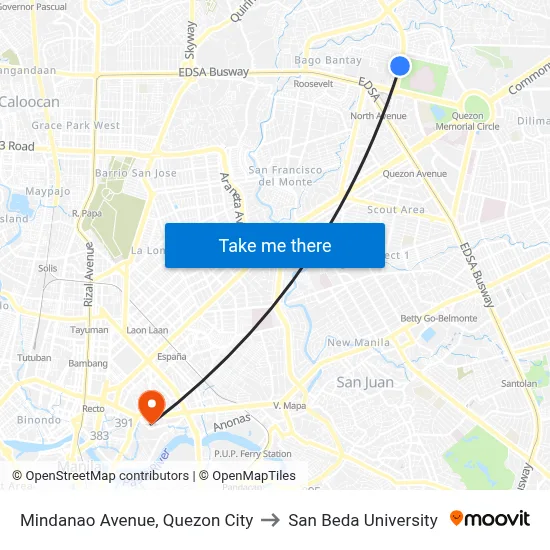 Mindanao Avenue, Quezon City to San Beda University map