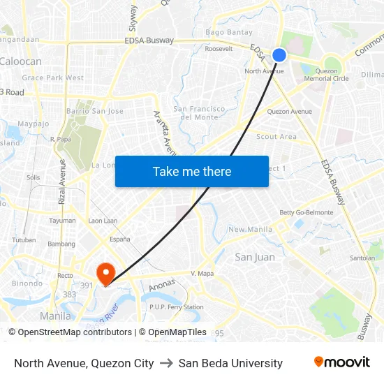 North Avenue, Quezon City to San Beda University map